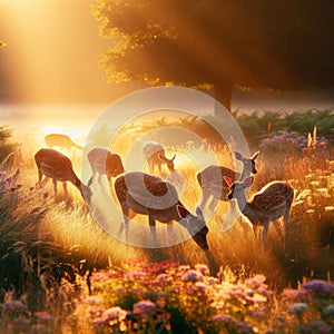 A family of deer grazing peacefully in a sun-dappled meadow