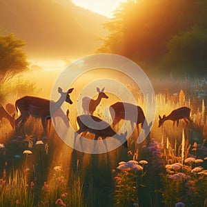 A family of deer grazing peacefully in a sun-dappled meadow