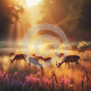 A family of deer grazing peacefully in a sun-dappled meadow