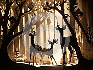 A family of deer hides in the dark shade of trees.