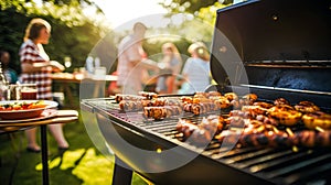 family dine outdoors with bbq food. ai generated