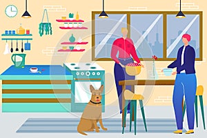 Family dinner at home, vector illustration. Man woman couple cook food together, preparing flat kitchen table. Happy