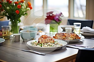 family dinner table with large serving of crab cakes