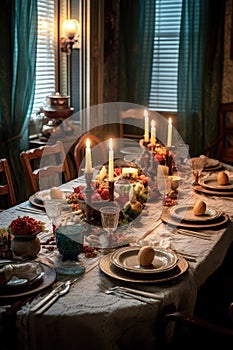 family dinner table set for a festive meal