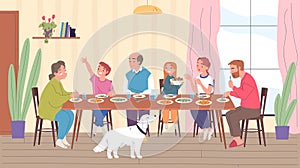 Family dinner together. Cartoon child parents grandparents eat holiday meal in dining kitchen house room, people sitting