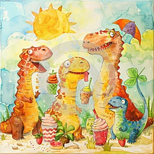 Family of dinosaurs on summer vacation, ice cream and fruity drinks, laughter under the sun, colorful