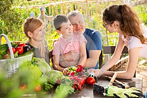 Family discusses the harvest of vegetables at the table of the village house