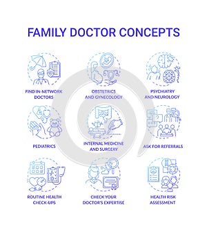 Family doctor blue gradient concept icons set