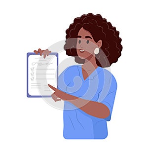 A family doctor with medical records, paper prescriptions on clipboard, examination reports, health certificates. Vector