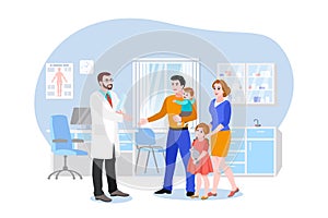 Family doctor with patients in hospital office. Vector flat cartoon illustration. Medical consultation of pediatrician