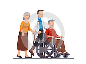 Family doctor pushing wheelchair with sick old man