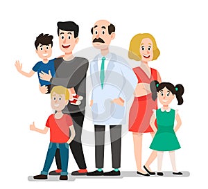 Family doctor. Smiling happy patients family portrait with dentist, smiling healthy children cartoon vector illustration