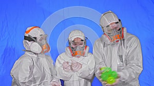 Family of doctors scientists health worker in respirator. Mom dad and daughter portrait, wearing protect medical mask