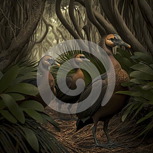 A family of dodo birds walking through a thicket of trees