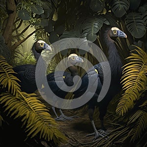 A family of dodo birds walking through a thicket of trees