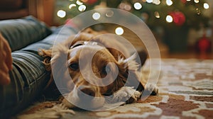 The family dog curls up at the feet of its owners content to be part of the festivities photo