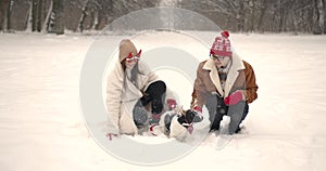 Family with a dog in funny accessorie in winter park
