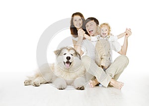 Family and dog, happy smiling father mother and laughing child