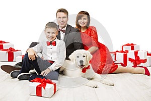 Family and Dog with Present Gift Box, Father Mother Child Pet
