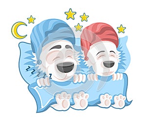 Family of dogs, man and woman sleeping in the bed clothed in nightcaps in cartoon style on white photo