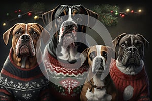 A family of dogs posing for a holiday photo all wearing the same holiday dog sweater. Generative AI