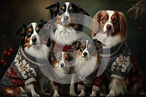 A family of dogs posing for a holiday photo all wearing the same holiday dog sweater. Generative AI