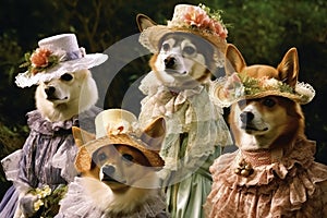 Family of dogs in royal outfits of the Victorian era. Fynny dogs. Dogs as Humans concept. Picture of Dogs Aristocrats