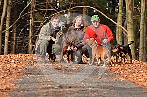 Family with dogs in squatting position on the forest road