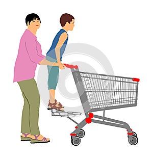 Family doing everyday grocery shopping with shopping basket at supermarket, vector isolated. Mother woman with son.