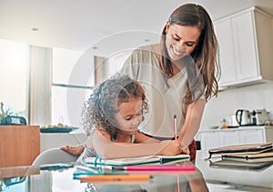 Family doing homework in notebook, mother helping child with school work at home and doing class project for education