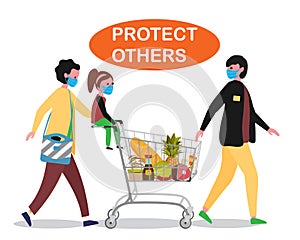 Family doing shopping in Supermarket with shopping cart. Father, mother and child. Everybody in medical protective masks