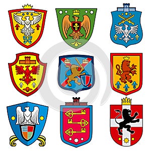 Family dynasty medieval royal coat of arms on shield vector set