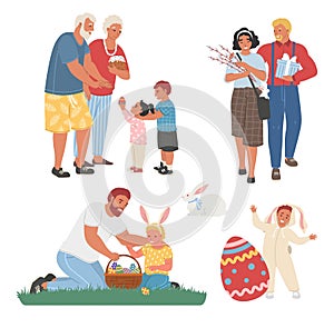 Family Easter celebration scene set, vector illustration. Spring season holiday with bunny, decorated eggs, cake, basket