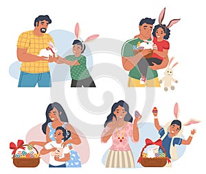 Family Easter celebration scene set, vector illustration. Spring season holiday with bunny, decorated eggs, cake, basket