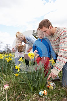 Family On Easter Egg Hunt In Daffodil Field