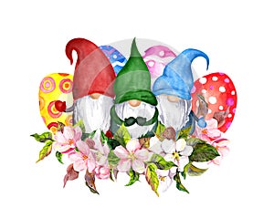 Family of Easter gnomes with holiday eggs and cherry spring flowers. Watercolor with apple blossom photo