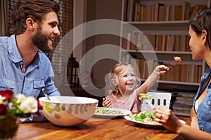 Family eating an dinner at a dining table photo