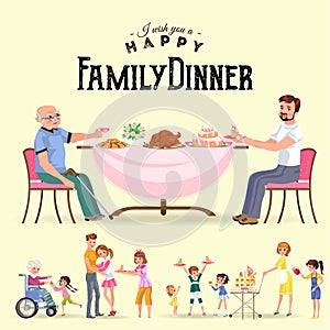 Family eating dinner at home, happy people eat food together, mom and dad treat grandfather sitting by dining table