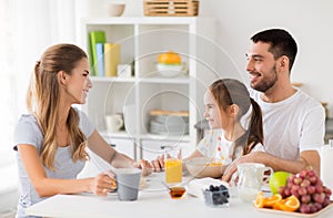 Happy family having breakfast at home