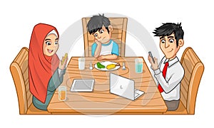Family Eating Together Cartoon Character with SUllen Boy photo