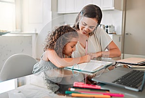 Family, education and distance learning mother helping her child student with her school work. Smiling mom working with