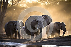 Family Of Elephants Searching Watering Trough In Hot Day