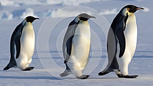 Family of Emperor Penguins on Snowy Antarctic Landscape