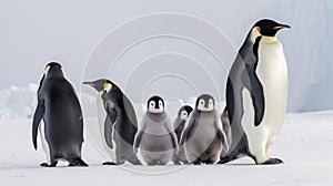 Family of Emperor Penguins on Snowy Antarctic Landscape