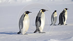 Family of Emperor Penguins on Snowy Antarctic Landscape