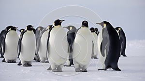 Family of Emperor Penguins on Snowy Antarctic Landscape