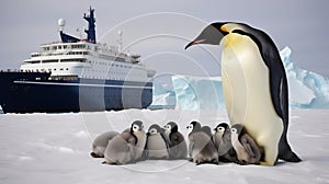 Family of Emperor Penguins on Snowy Antarctic Landscape