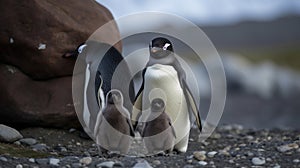 Family of Emperor Penguins on Snowy Antarctic Landscape