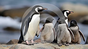 Family of Emperor Penguins on Snowy Antarctic Landscape