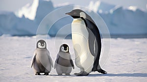 Family of Emperor Penguins on Snowy Antarctic Landscape